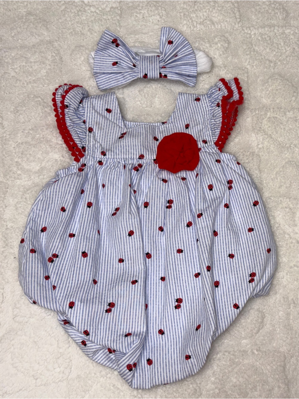 Baby Essentials Blue-and-White Striped Ladybug Romper with Red Trim and Headband